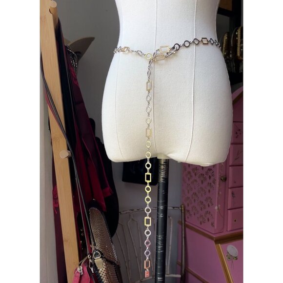 80s vintage geometric metal chain belt silver brass circle link Liz Claiborne 19 - Picture 2 of 4